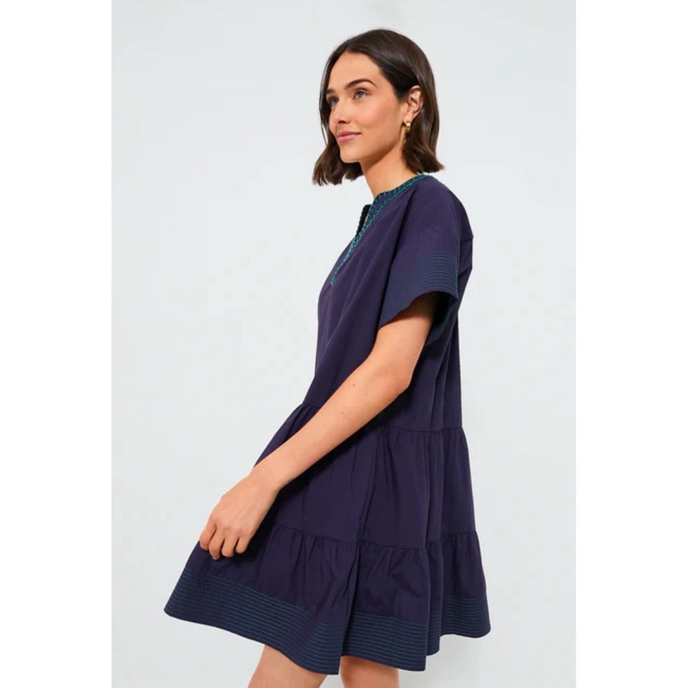 NWT Tuckernuck Pomander Place Navy Kinsey Dress Green Stitching‎ Size L